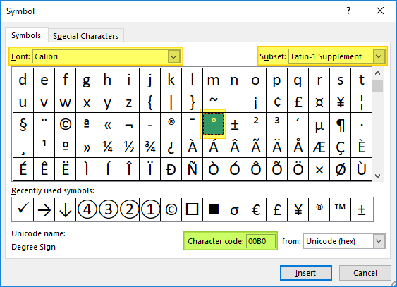 Degree Symbol Excel