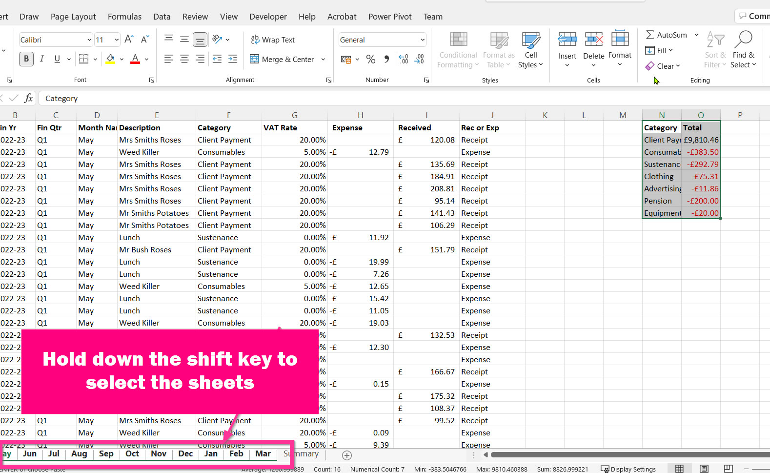 Excel Summary Sheet