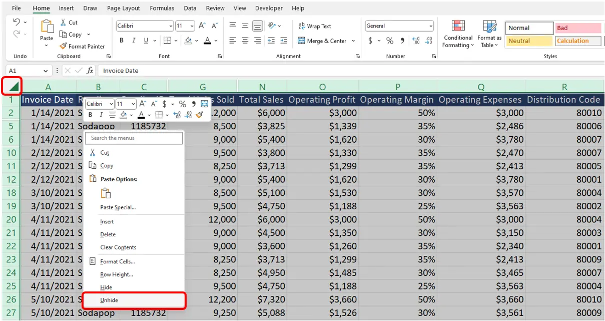 How to Unhide All Columns in Excel